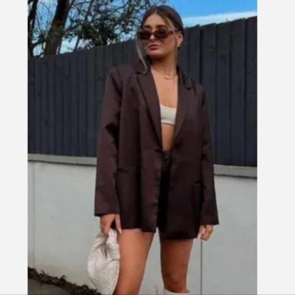 ZARA Satin Effect Blazer Brown Size L - Picture 2 of 15